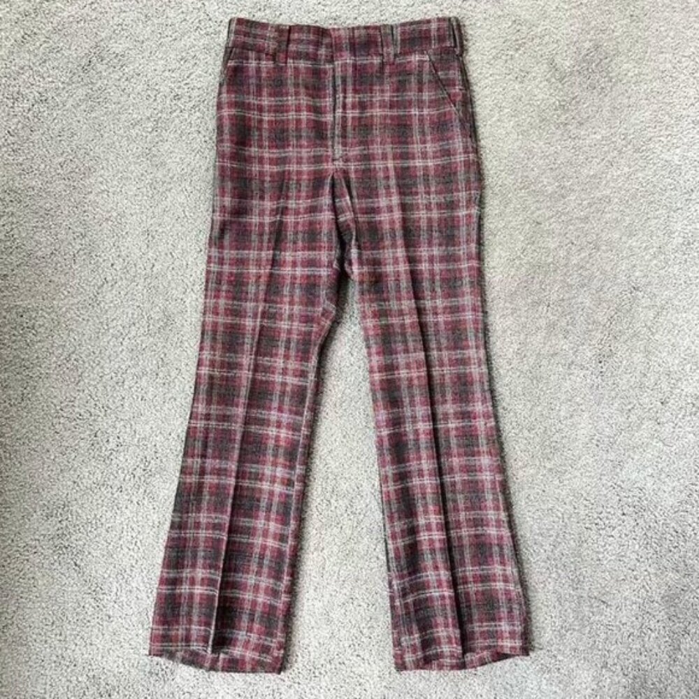 Vintage 70's Donegal Tweed Double Knit Plaid Flare Slacks Pants - EUC 32 x 31